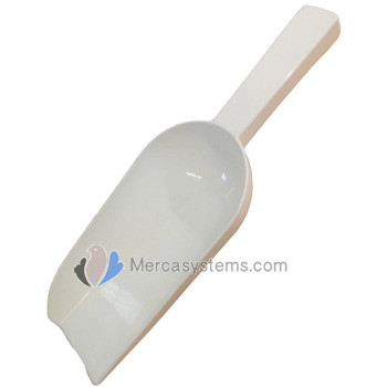 Plastic feed scoop with 10 OZ of capacity.