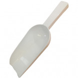 Plastic feed scoop with 10 OZ of capacity.